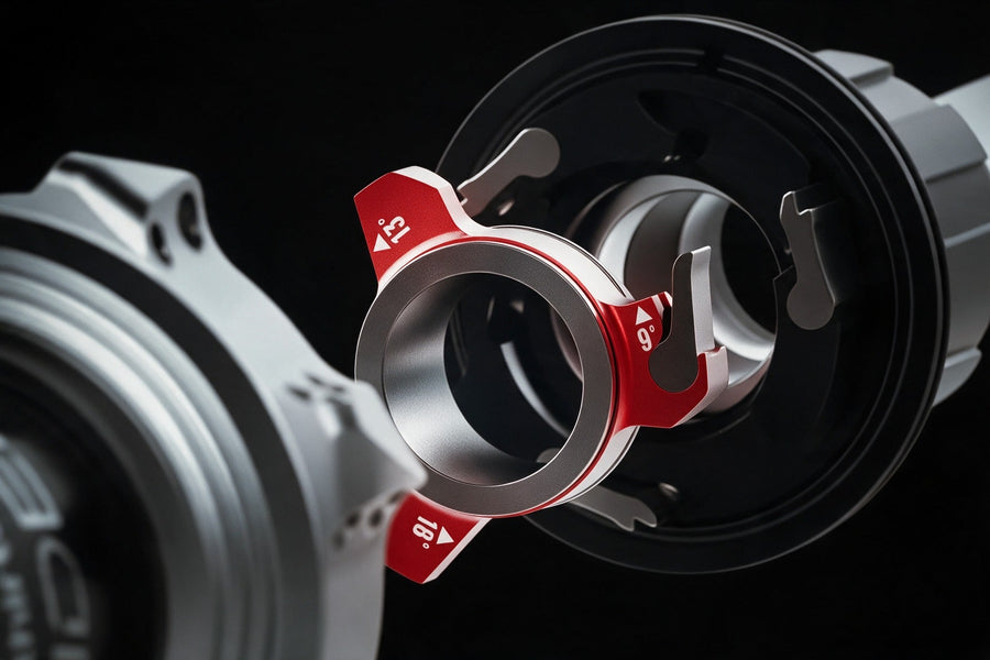 Inside a Sidekick 2.0 hub, the red pawl-pusher ring, marked 9, 13 and 18 degrees, between the freehub body and the hub shell.