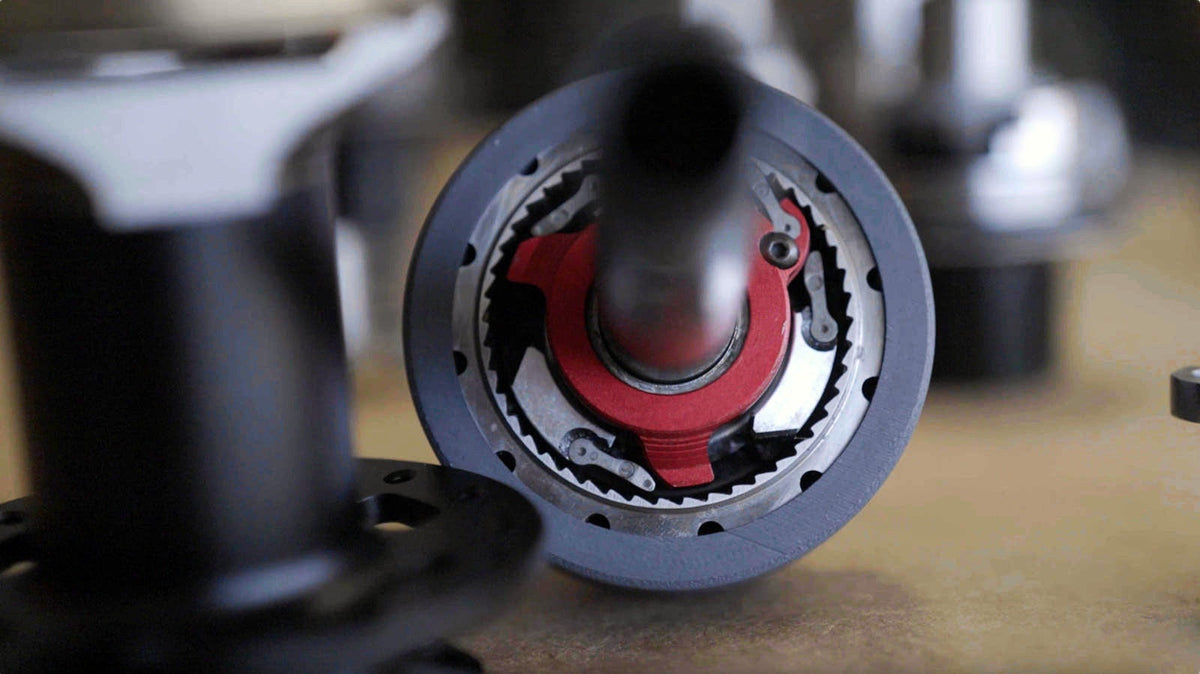 Sidekick freehub internals assembled, the red pusher visible between the pawls and the ratchet
